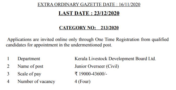 Junior Overseer (Civil) - Kerala Livestock Development Board